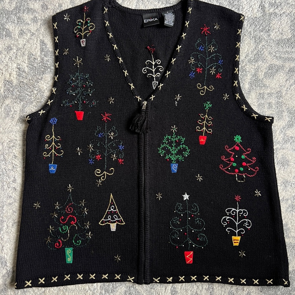 Erika Black Vintage Holiday Christmas Tree Zip Up Sweater Vest Size Large
